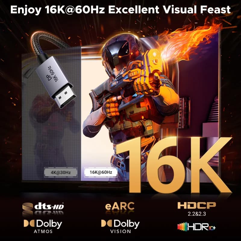 Cable DisplayPort 2.1, soporte de vídeo 8K 60Hz HDR