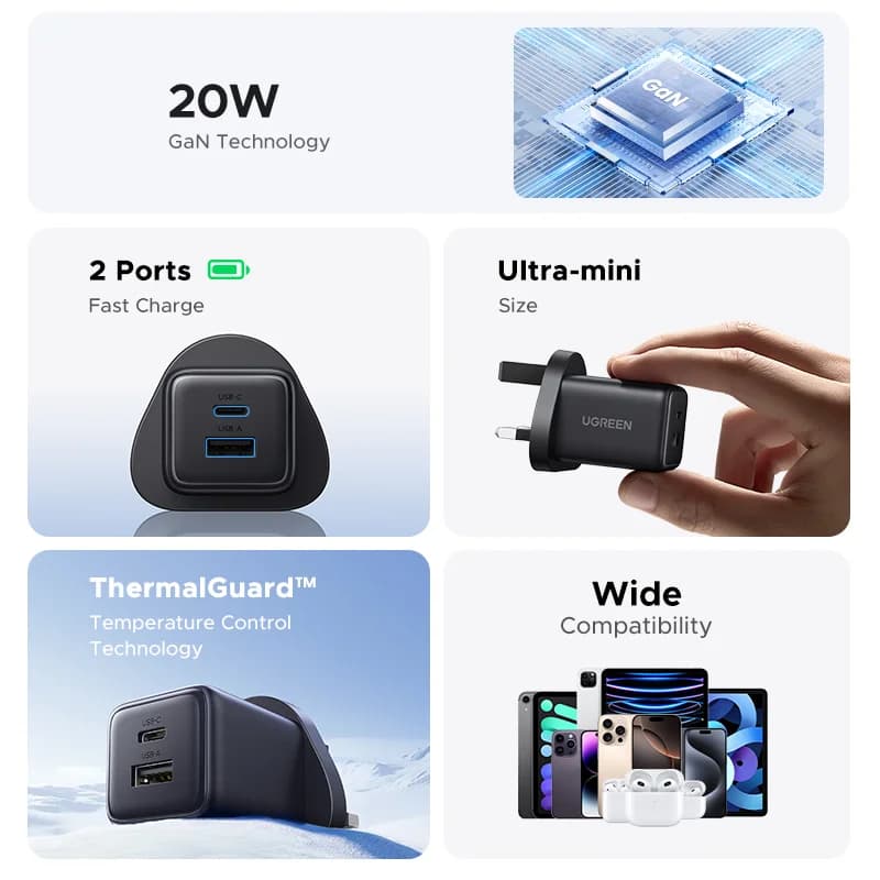 Cargador de pared GaN USB-C 20W, Enchufe EE. UU.