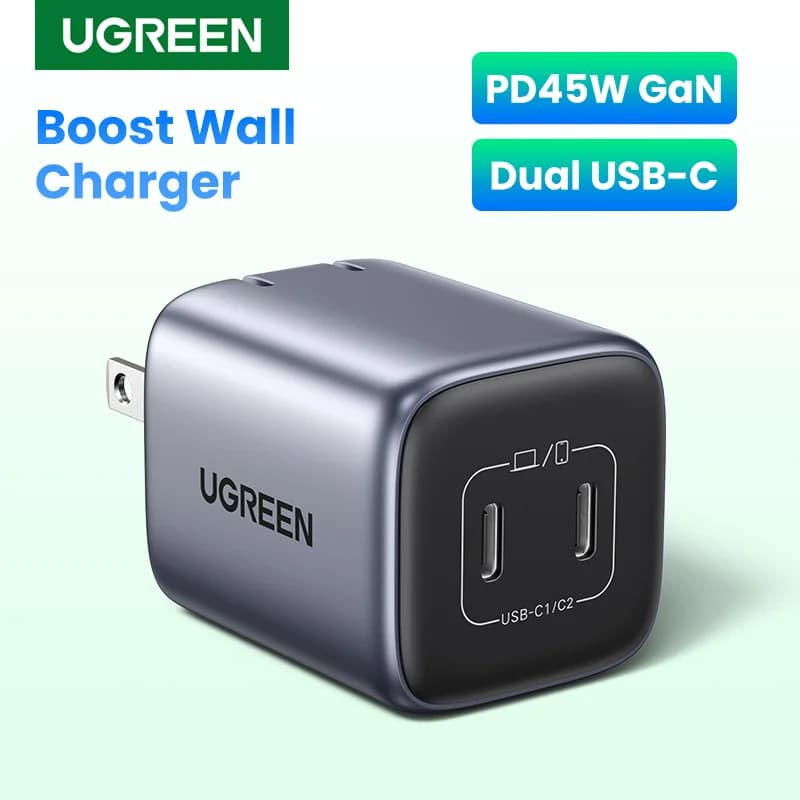 Cargador rápido USB-C GaN de 45W con QC y PD
