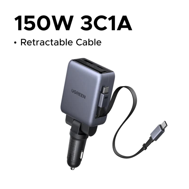 Cargador de coche 150W con cables retráctiles