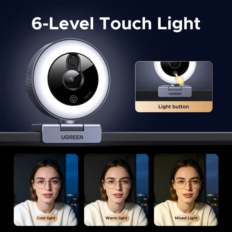 Webcam USB 4K con anillo de luz táctil y tapa de privacidad