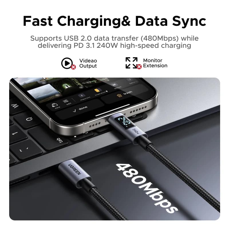 Cable USB-C de 240W con pantalla digital de potencia