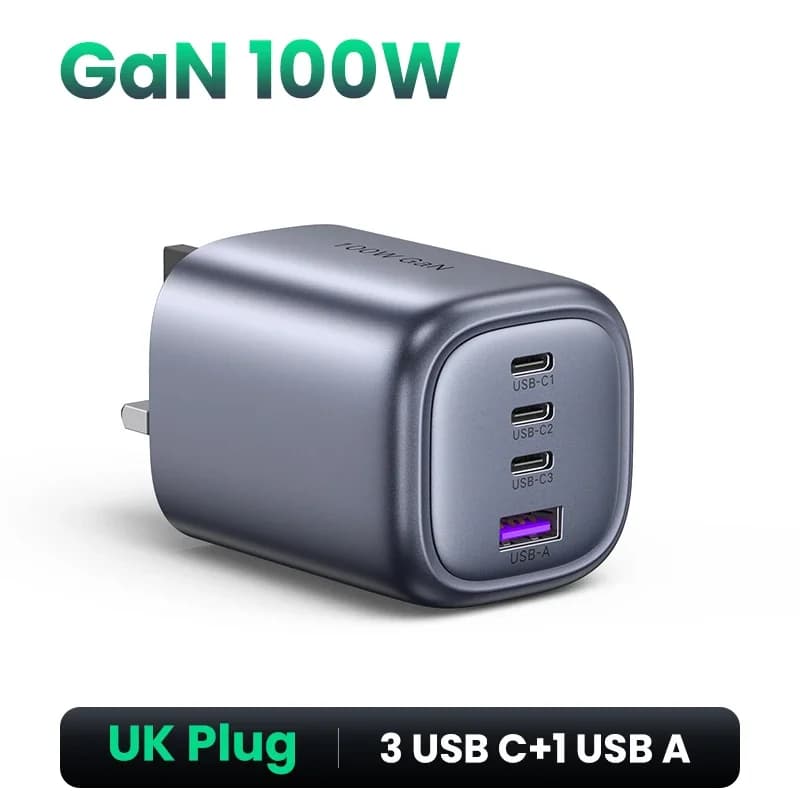Cargador Rápido USB-C GaN 100W, Enchufe UK
