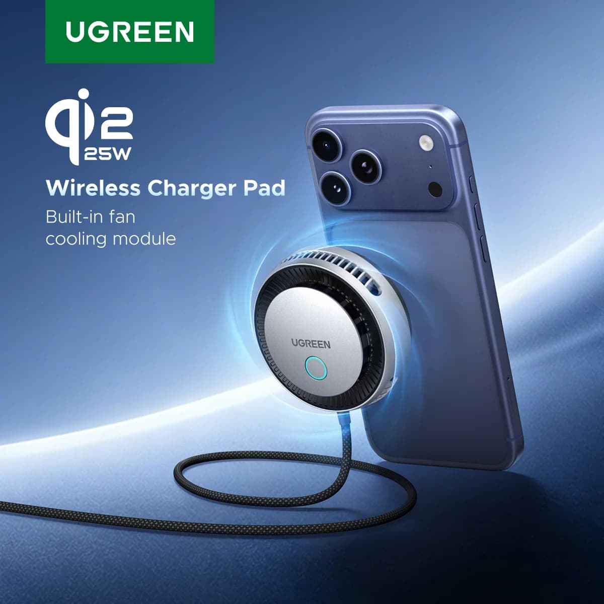 Cargador inalámbrico magnético Qi2 de 25W con ventilador de refrigeración
