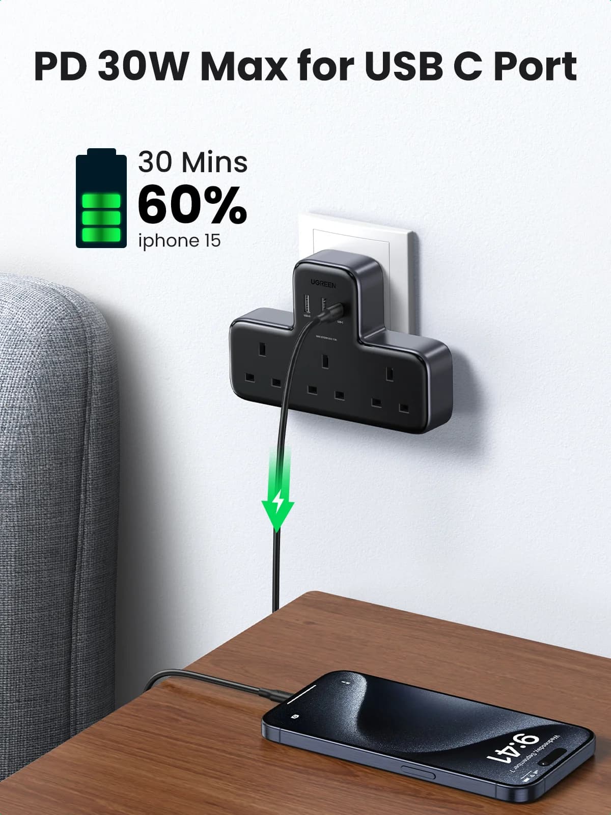 Regleta de Enchufe con Adaptador de Extensión UK