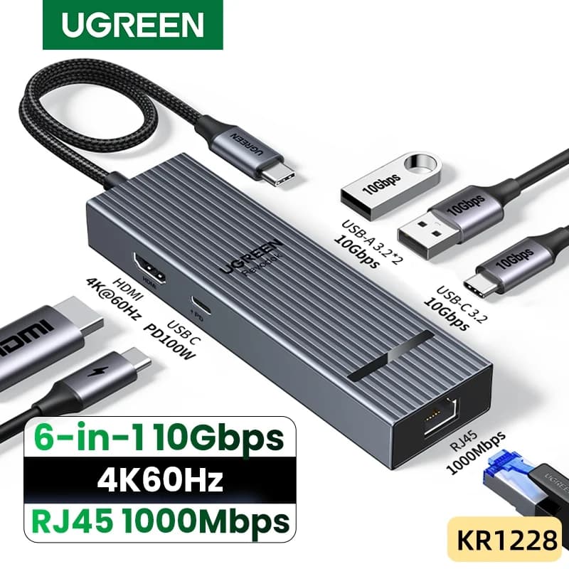Hub USB-C 6 en 1, HDMI 4K, Ethernet Gigabit, PD 100W
