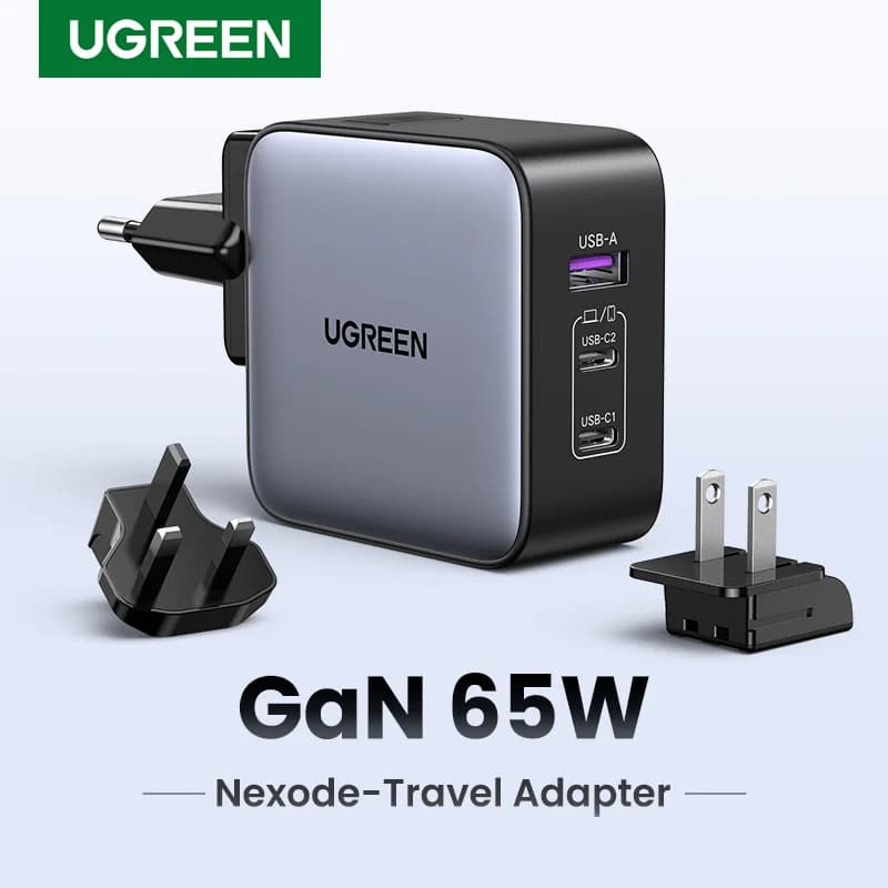 Adaptador de viaje GaN de 65W con enchufes US, EU, UK