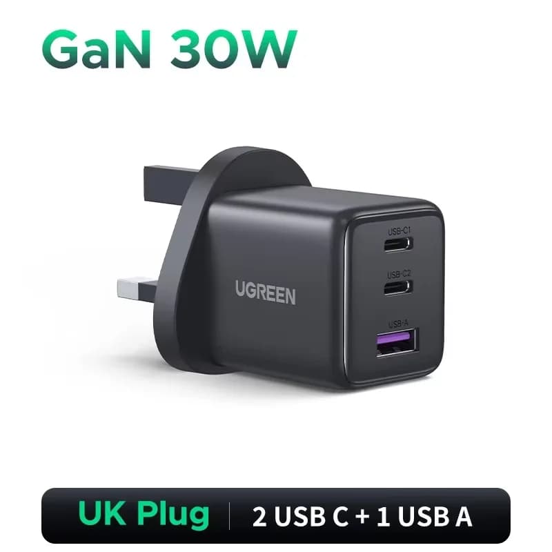 Cargador rápido USB-C GaN 45W, enchufe UK
