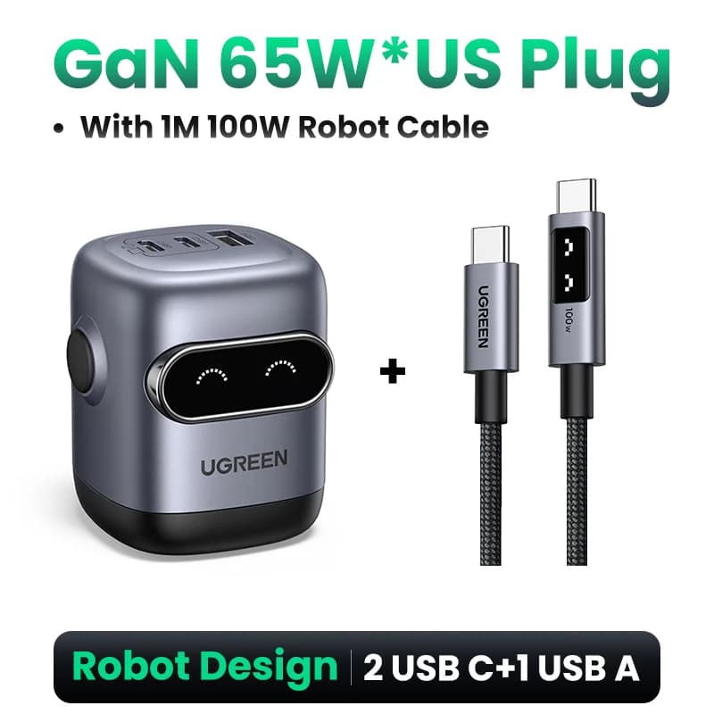 Cargador Rápido GaN 65W, Diseño Robot, Enchufe EE. UU.