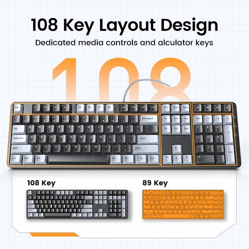 Teclado mecánico con cable de 108 teclas, interruptores rojos