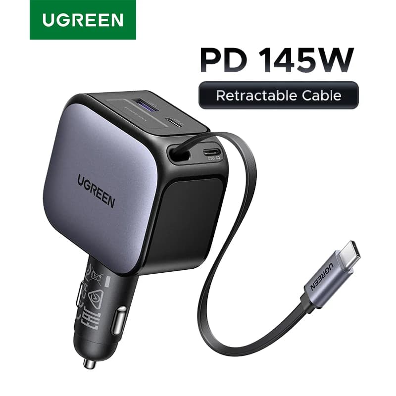 Cargador de coche USB-C de 145W con cable retráctil